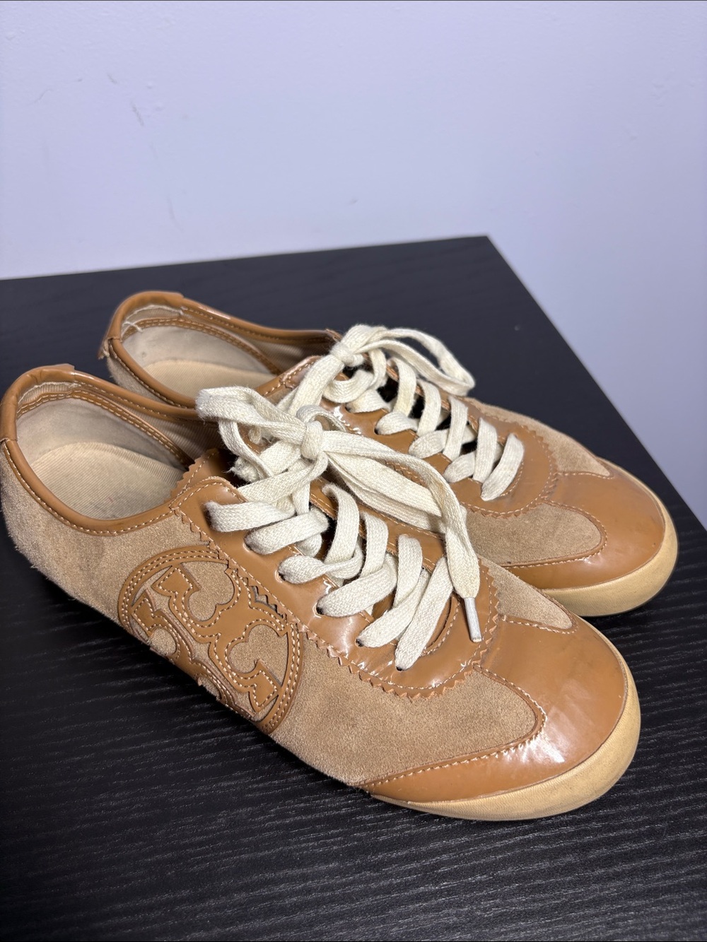 Tory Burch Tan Suede and Patent Leather Low-Top Sneakers